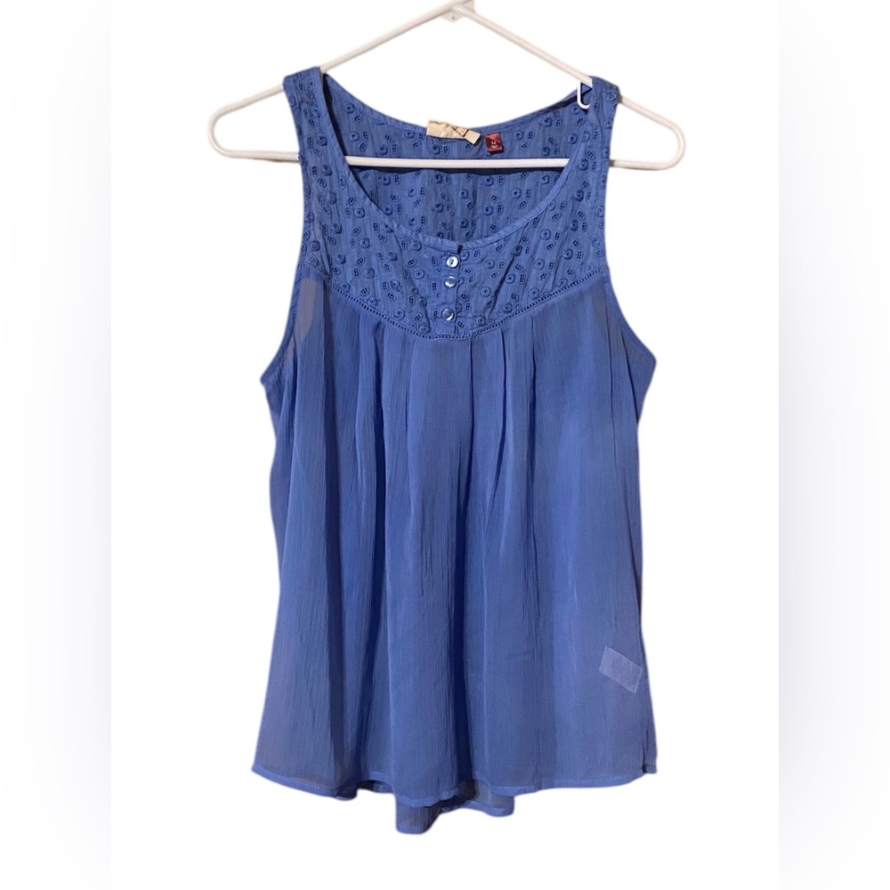 Y2K SO Embroidered Babydoll Top Womens Medium Blue Sheer Boho Cottagecore Hippie